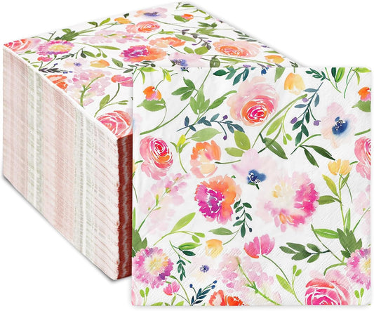 80Pcs Floral Paper Napkins Watercolor Pink Flowers Disposable Luncheon Napkins Spring Summer Dessert Dinner Hand Napkin for Wedding Birthday Baby Shower