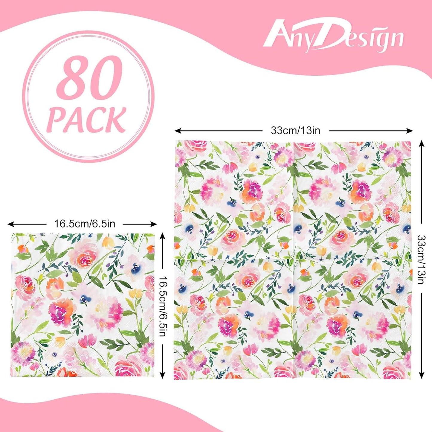 80Pcs Floral Paper Napkins Watercolor Pink Flowers Disposable Luncheon Napkins Spring Summer Dessert Dinner Hand Napkin for Wedding Birthday Baby Shower