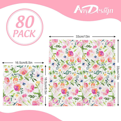 80Pcs Floral Paper Napkins Watercolor Pink Flowers Disposable Luncheon Napkins Spring Summer Dessert Dinner Hand Napkin for Wedding Birthday Baby Shower
