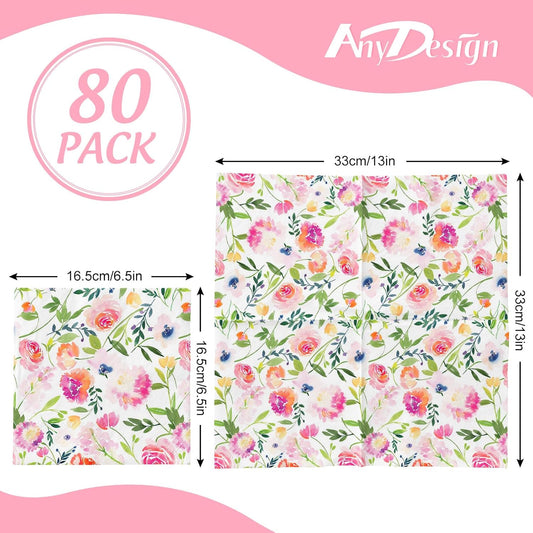 80Pcs Floral Paper Napkins Watercolor Pink Flowers Disposable Luncheon Napkins Spring Summer Dessert Dinner Hand Napkin for Wedding Birthday Baby Shower
