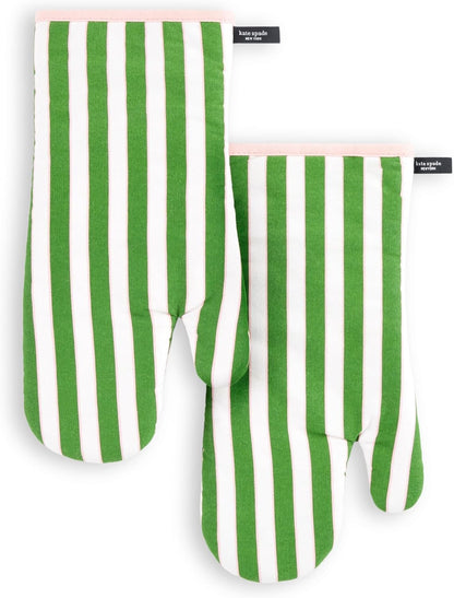 Botanical Stripe Oven Mitt 2-Pack Set, 7" x 13", Green/Pink