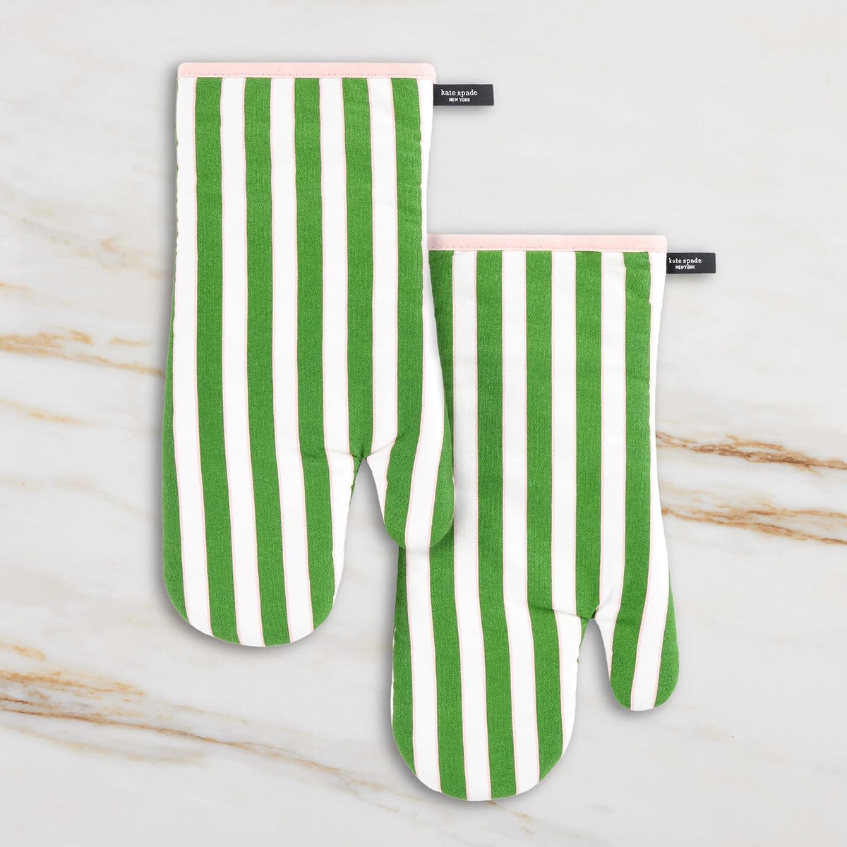 Botanical Stripe Oven Mitt 2-Pack Set, 7" x 13", Green/Pink