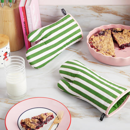 Botanical Stripe Oven Mitt 2-Pack Set, 7" x 13", Green/Pink