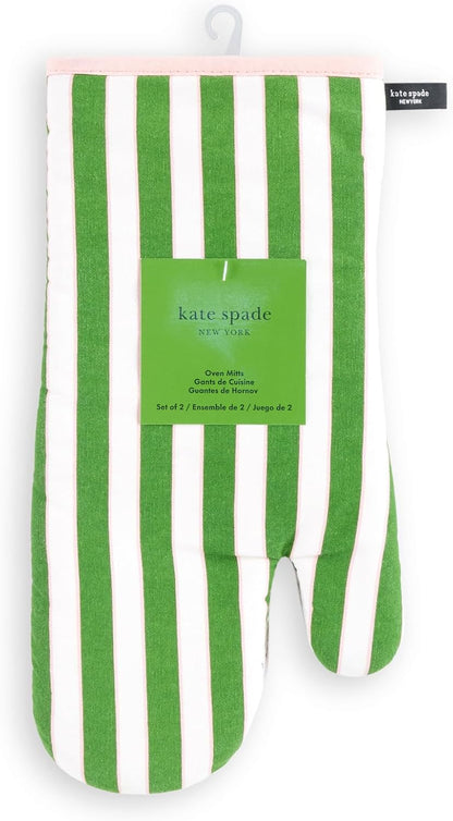 Botanical Stripe Oven Mitt 2-Pack Set, 7" x 13", Green/Pink