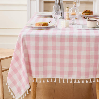 Gingham Tablecloth Rectangle Cotton Linen Fabric Checkered Table Cloth with Tassel Washable Wrinkle Free Buffalo Plaid Table Cover for Birthday Party Picnic Outdoor, Pink, 55x75