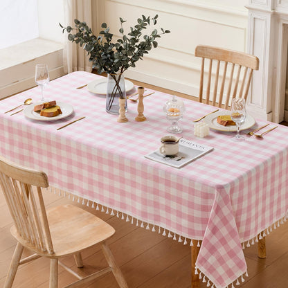 Gingham Tablecloth Rectangle Cotton Linen Fabric Checkered Table Cloth with Tassel Washable Wrinkle Free Buffalo Plaid Table Cover for Birthday Party Picnic Outdoor, Pink, 55x75
