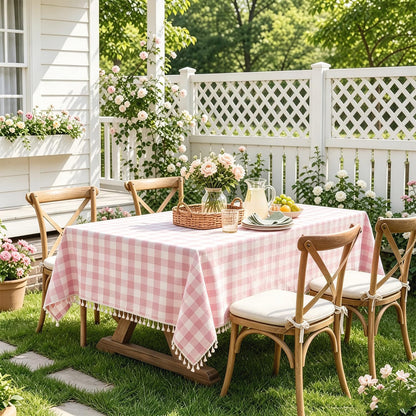 Gingham Tablecloth Rectangle Cotton Linen Fabric Checkered Table Cloth with Tassel Washable Wrinkle Free Buffalo Plaid Table Cover for Birthday Party Picnic Outdoor, Pink, 55x75