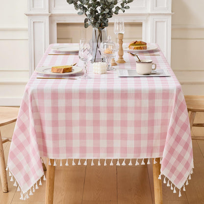 Gingham Tablecloth Rectangle Cotton Linen Fabric Checkered Table Cloth with Tassel Washable Wrinkle Free Buffalo Plaid Table Cover for Birthday Party Picnic Outdoor, Pink, 55x75