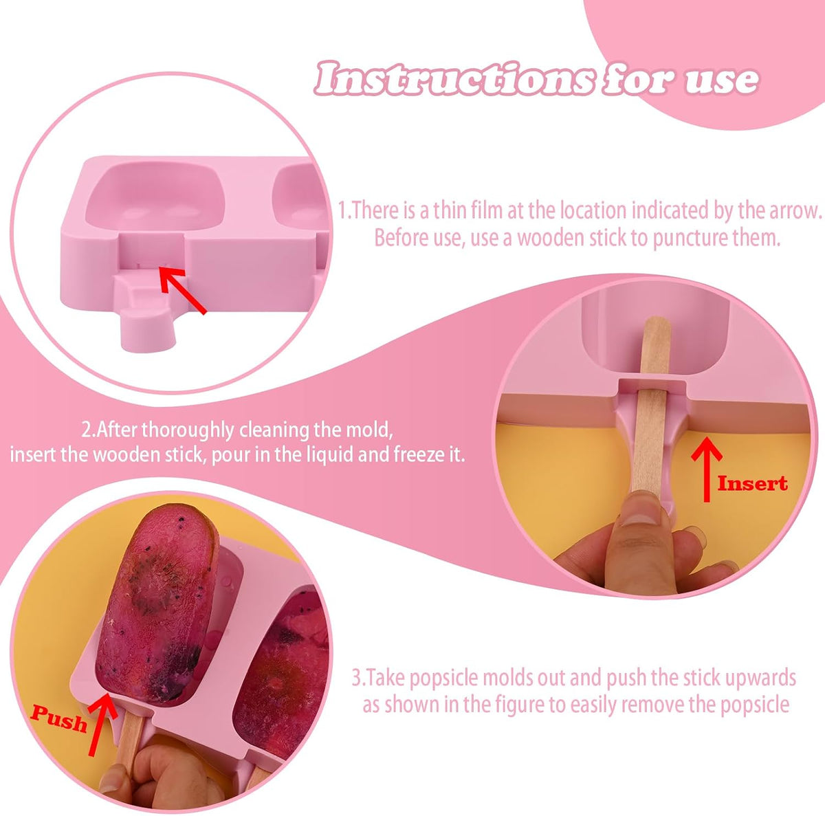 WMKGG Popsicle Silicone Molds Set, 2 PCS Ice Cream Mold(Standard Size/Pink)