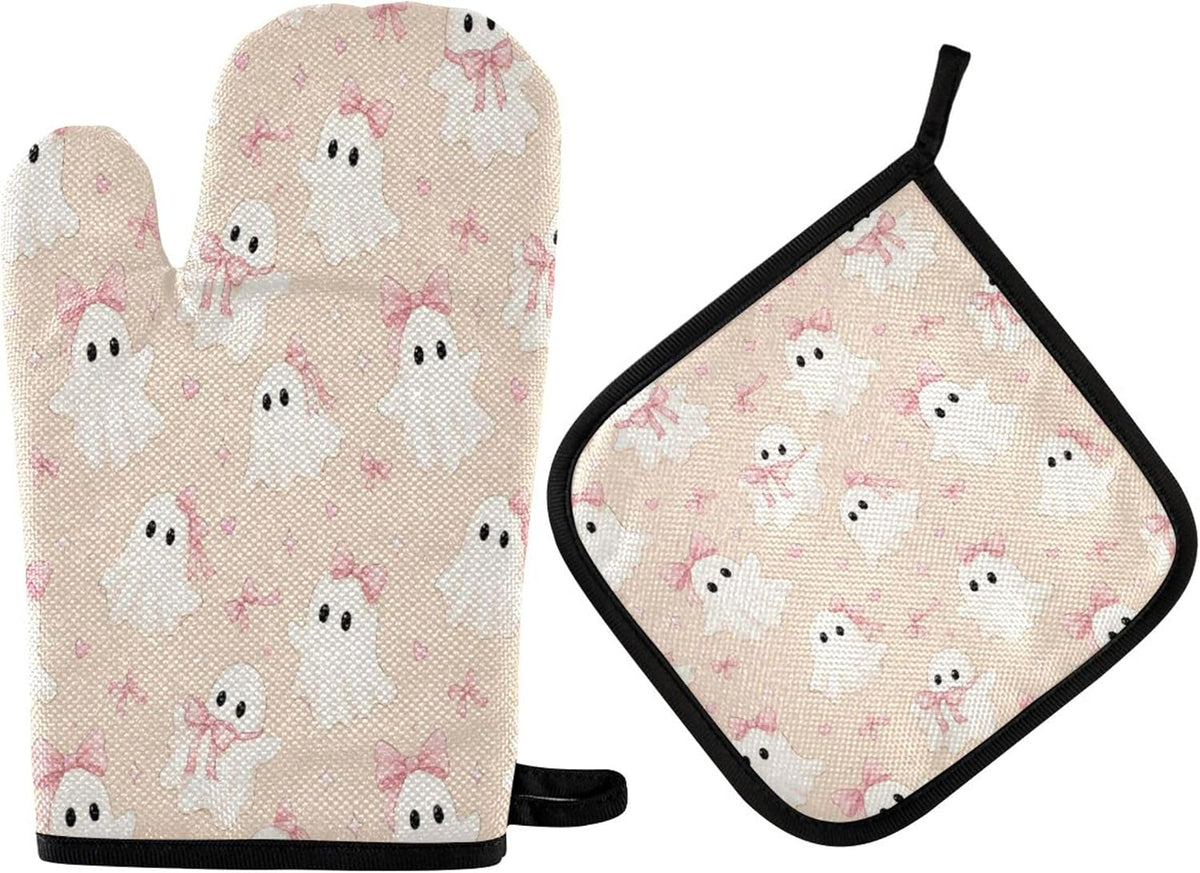 Ghosts in Pink Bows Oven Mitt and Pot Holder Set, Heat Resistant Oven Glove with Loop for Kitchen Cooking Baking Grilling
