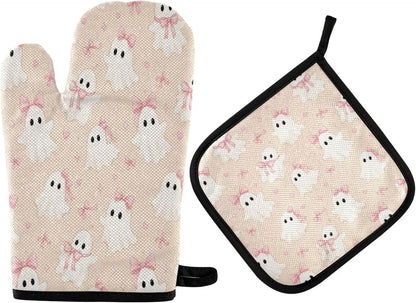 Ghosts in Pink Bows Oven Mitt and Pot Holder Set, Heat Resistant Oven Glove with Loop for Kitchen Cooking Baking Grilling