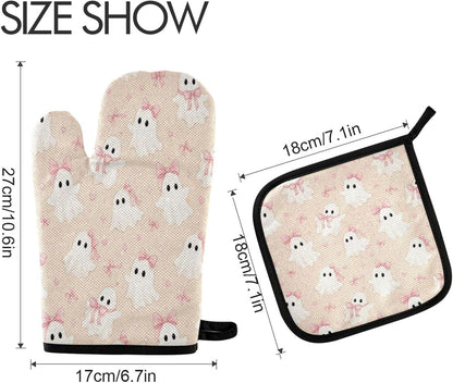 Ghosts in Pink Bows Oven Mitt and Pot Holder Set, Heat Resistant Oven Glove with Loop for Kitchen Cooking Baking Grilling