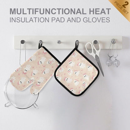 Ghosts in Pink Bows Oven Mitt and Pot Holder Set, Heat Resistant Oven Glove with Loop for Kitchen Cooking Baking Grilling