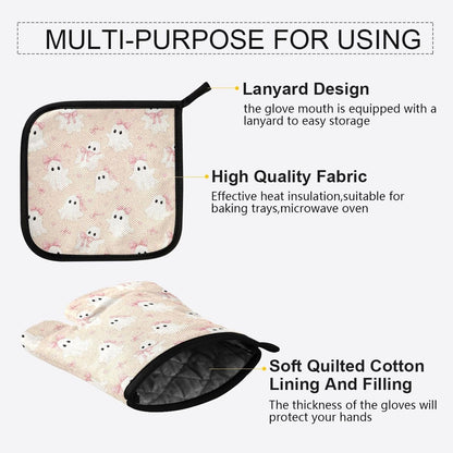 Ghosts in Pink Bows Oven Mitt and Pot Holder Set, Heat Resistant Oven Glove with Loop for Kitchen Cooking Baking Grilling