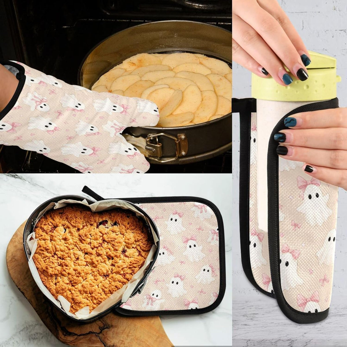 Ghosts in Pink Bows Oven Mitt and Pot Holder Set, Heat Resistant Oven Glove with Loop for Kitchen Cooking Baking Grilling