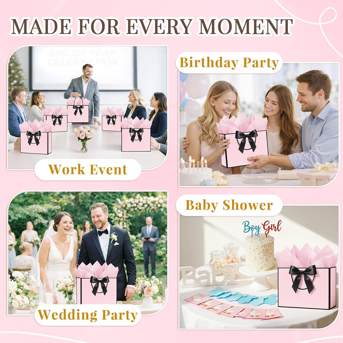 Pink Gift Bags Medium with Handles 2PCS for Wedding Birthday Party