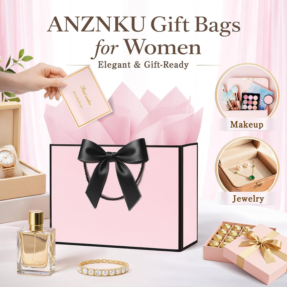 Pink Gift Bags Medium with Handles 2PCS for Wedding Birthday Party