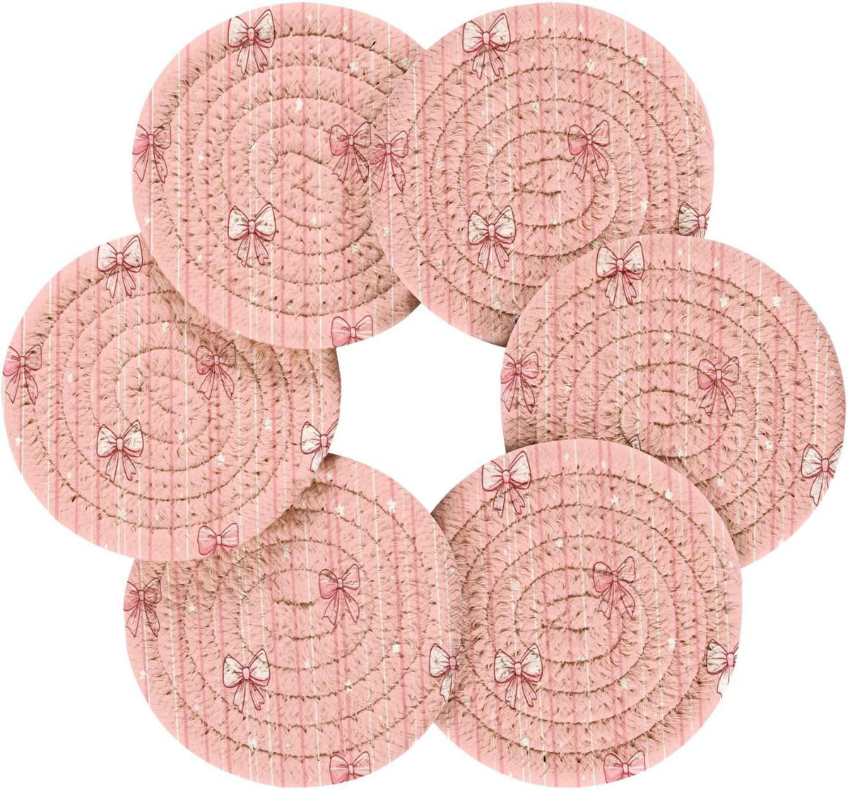Light Pink Bows Star Stripe Woven Coasters for Drinks Set of 6 Drink Coaster with Holder Absorbent Coffee Cup Bar Coaster Cup Mats for Table Office Desk Decor 4.3 inches