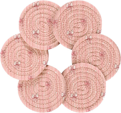 Light Pink Bows Star Stripe Woven Coasters for Drinks Set of 6 Drink Coaster with Holder Absorbent Coffee Cup Bar Coaster Cup Mats for Table Office Desk Decor 4.3 inches