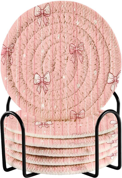 Light Pink Bows Star Stripe Woven Coasters for Drinks Set of 6 Drink Coaster with Holder Absorbent Coffee Cup Bar Coaster Cup Mats for Table Office Desk Decor 4.3 inches