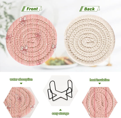 Light Pink Bows Star Stripe Woven Coasters for Drinks Set of 6 Drink Coaster with Holder Absorbent Coffee Cup Bar Coaster Cup Mats for Table Office Desk Decor 4.3 inches