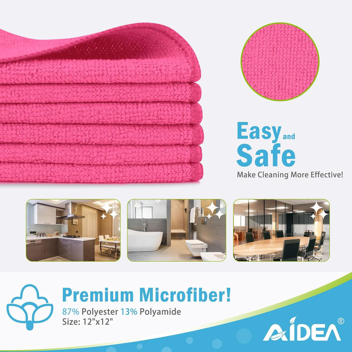 AIDEA Pink Microfiber Cleaning Cloth-12PK, Absorbent Cleaning Rags 12"x12"