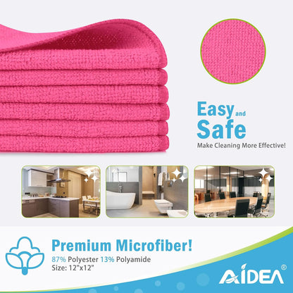 AIDEA Pink Microfiber Cleaning Cloth-12PK, Absorbent Cleaning Rags 12"x12"