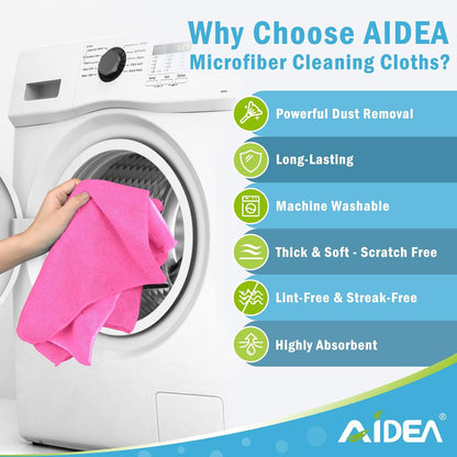 AIDEA Pink Microfiber Cleaning Cloth-12PK, Absorbent Cleaning Rags 12"x12"