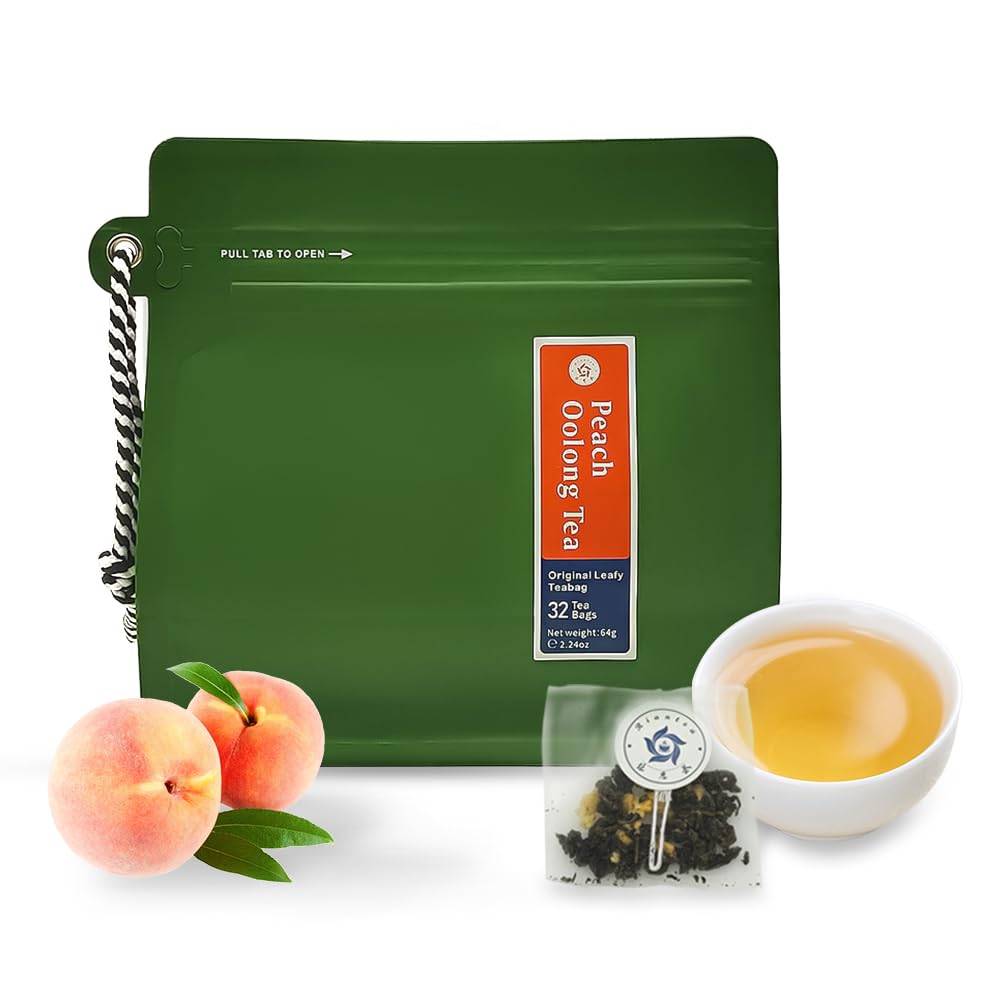 Peach Oolong Tea Bags - 32 Individually Wrapped Teabags (2.25oz/62g) - Low Caffeine, Smooth Flavor - Hot or Iced Tea - Original Leafy Tea