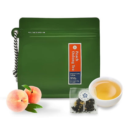 Peach Oolong Tea Bags - 32 Individually Wrapped Teabags (2.25oz/62g) - Low Caffeine, Smooth Flavor - Hot or Iced Tea - Original Leafy Tea