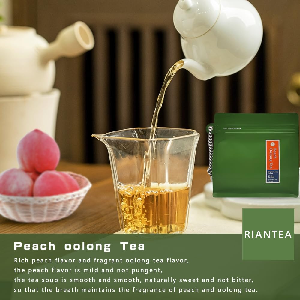 Peach Oolong Tea Bags - 32 Individually Wrapped Teabags (2.25oz/62g) - Low Caffeine, Smooth Flavor - Hot or Iced Tea - Original Leafy Tea