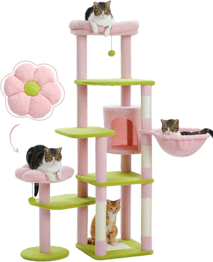 59" Flower Cat Tree, Tall Cat Tree for Large Cat, Multi-Level Cat Tower, Cute Cat Tree for Indoor Cats, Cat Condo with Large Hammock, Scratching Post, and 2 Perches, Pink