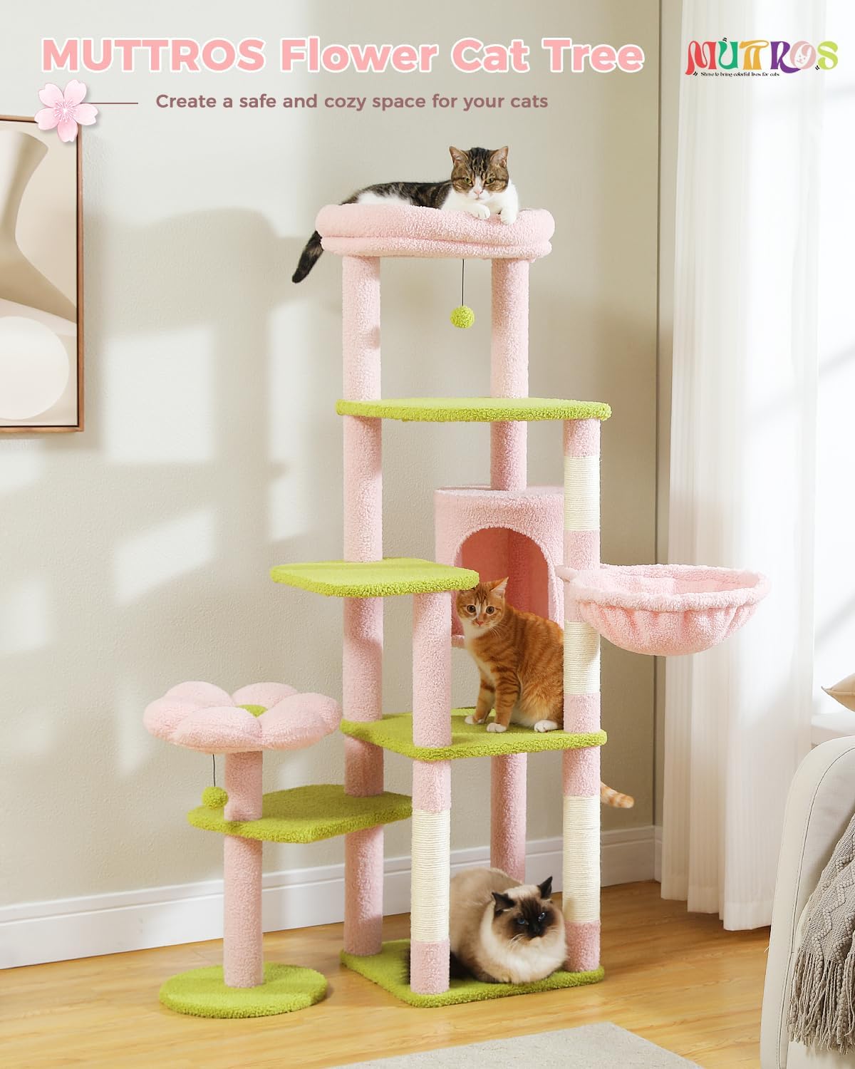 59" Flower Cat Tree, Tall Cat Tree for Large Cat, Multi-Level Cat Tower, Cute Cat Tree for Indoor Cats, Cat Condo with Large Hammock, Scratching Post, and 2 Perches, Pink