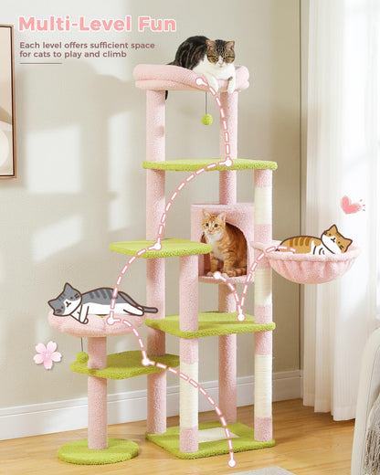 59" Flower Cat Tree, Tall Cat Tree for Large Cat, Multi-Level Cat Tower, Cute Cat Tree for Indoor Cats, Cat Condo with Large Hammock, Scratching Post, and 2 Perches, Pink