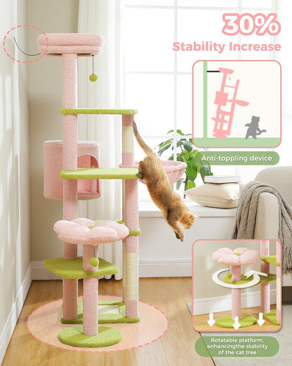 59" Flower Cat Tree, Tall Cat Tree for Large Cat, Multi-Level Cat Tower, Cute Cat Tree for Indoor Cats, Cat Condo with Large Hammock, Scratching Post, and 2 Perches, Pink