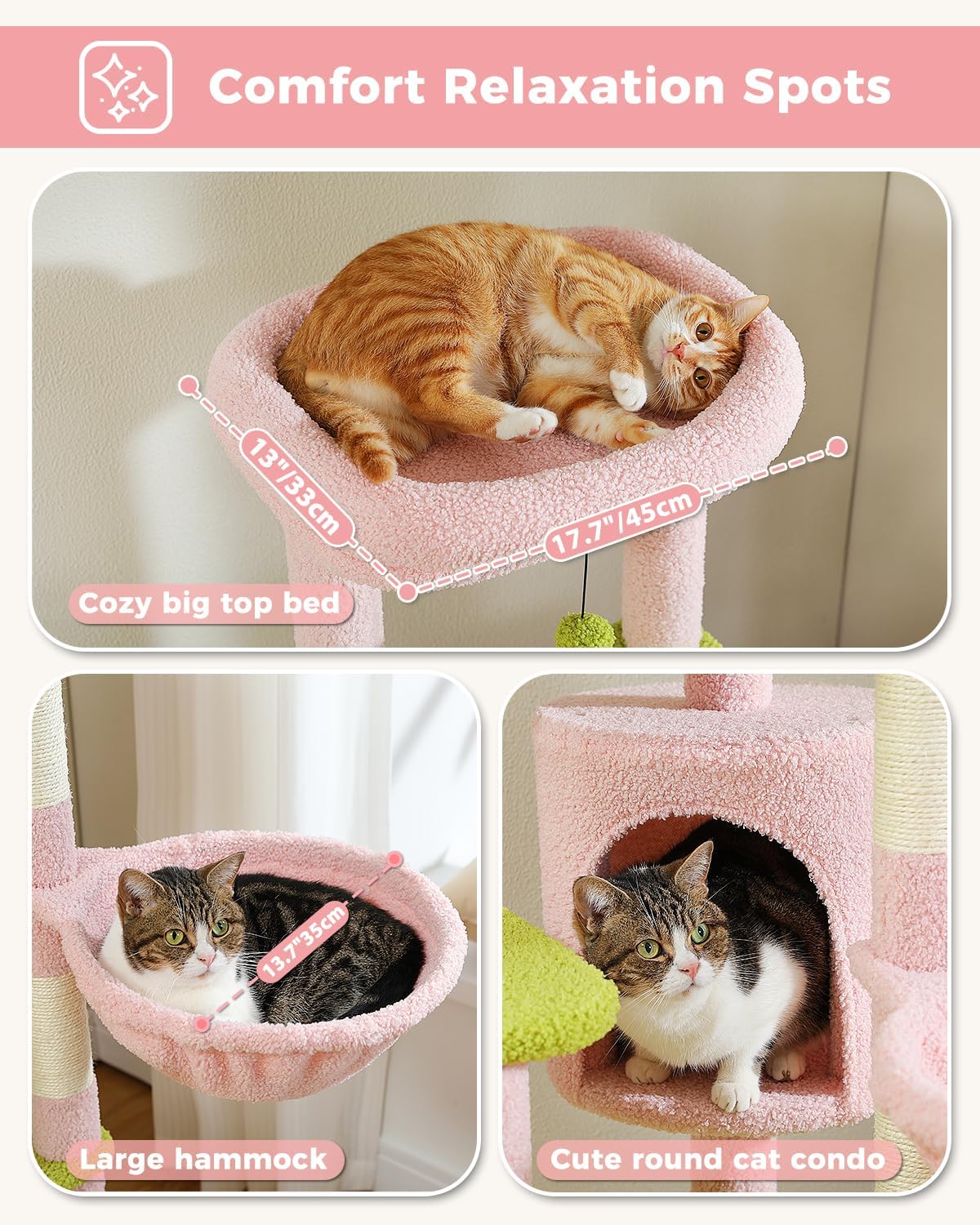 59" Flower Cat Tree, Tall Cat Tree for Large Cat, Multi-Level Cat Tower, Cute Cat Tree for Indoor Cats, Cat Condo with Large Hammock, Scratching Post, and 2 Perches, Pink