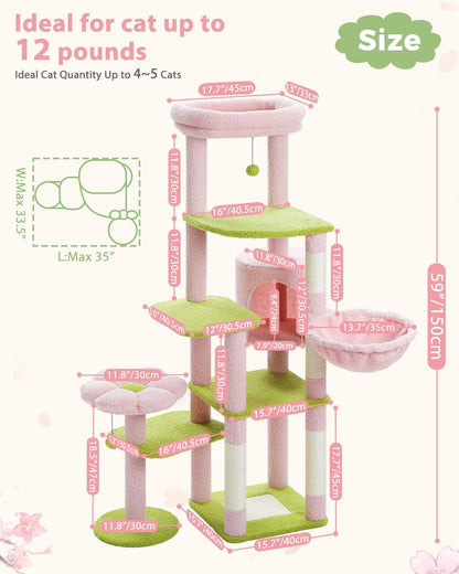 59" Flower Cat Tree, Tall Cat Tree for Large Cat, Multi-Level Cat Tower, Cute Cat Tree for Indoor Cats, Cat Condo with Large Hammock, Scratching Post, and 2 Perches, Pink