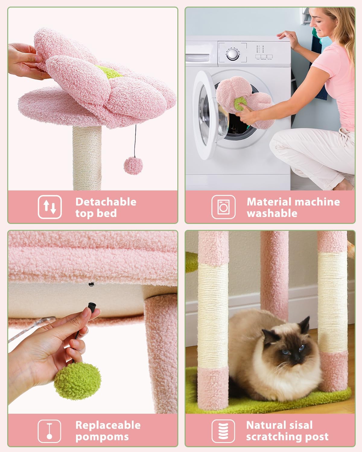 59" Flower Cat Tree, Tall Cat Tree for Large Cat, Multi-Level Cat Tower, Cute Cat Tree for Indoor Cats, Cat Condo with Large Hammock, Scratching Post, and 2 Perches, Pink
