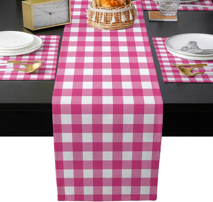 Peach Pink Checked Table Runner and Placemats for Dining Table,Burlap Coffee Table Runner 70 Inch Long Farmhouse Buffalo Plaid Country Grid Washable Table Mats for Kitchen Party Placemats Set of 6
