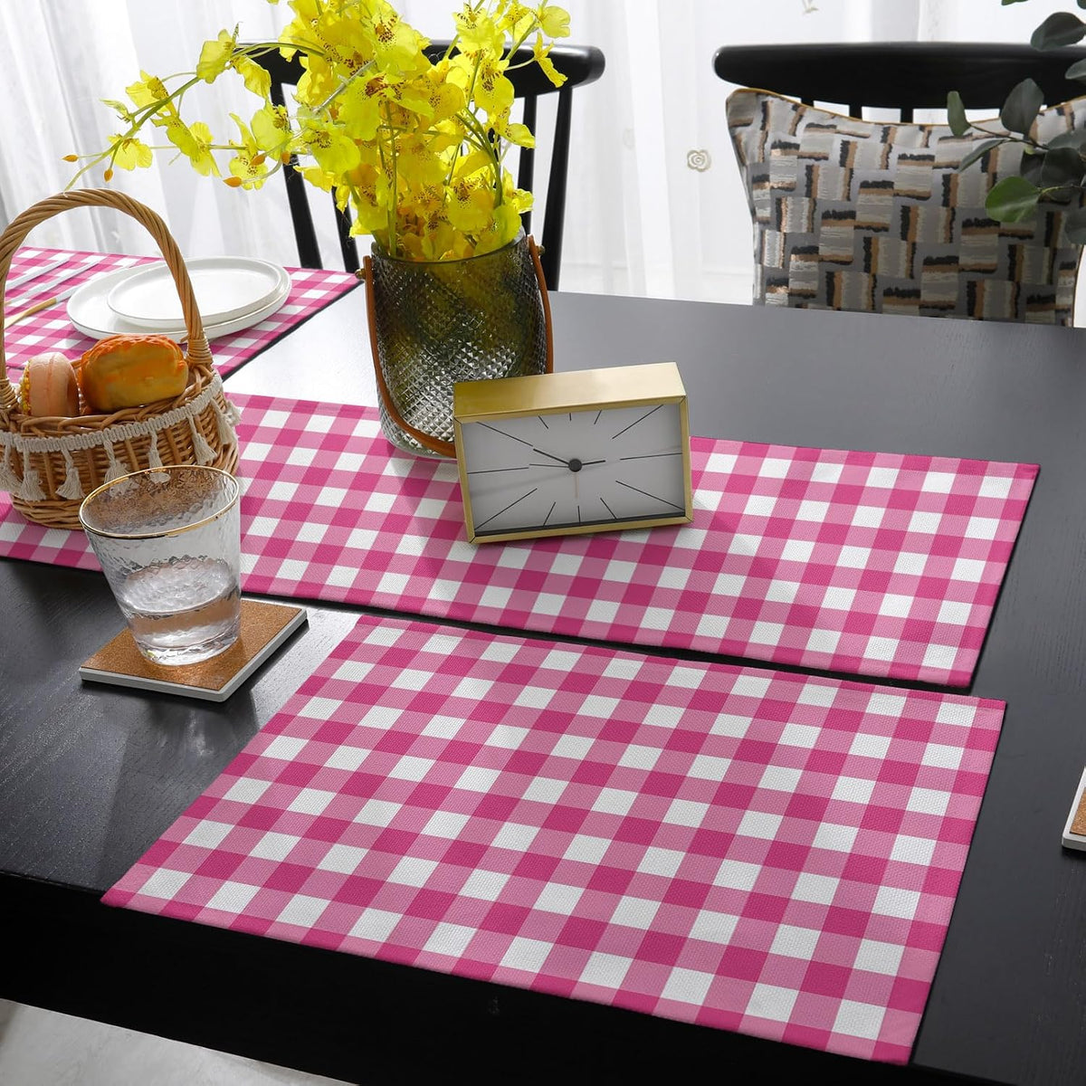 Peach Pink Checked Table Runner and Placemats for Dining Table,Burlap Coffee Table Runner 70 Inch Long Farmhouse Buffalo Plaid Country Grid Washable Table Mats for Kitchen Party Placemats Set of 6