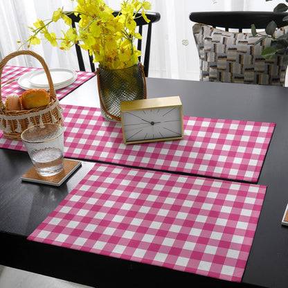Peach Pink Checked Table Runner and Placemats for Dining Table,Burlap Coffee Table Runner 70 Inch Long Farmhouse Buffalo Plaid Country Grid Washable Table Mats for Kitchen Party Placemats Set of 6