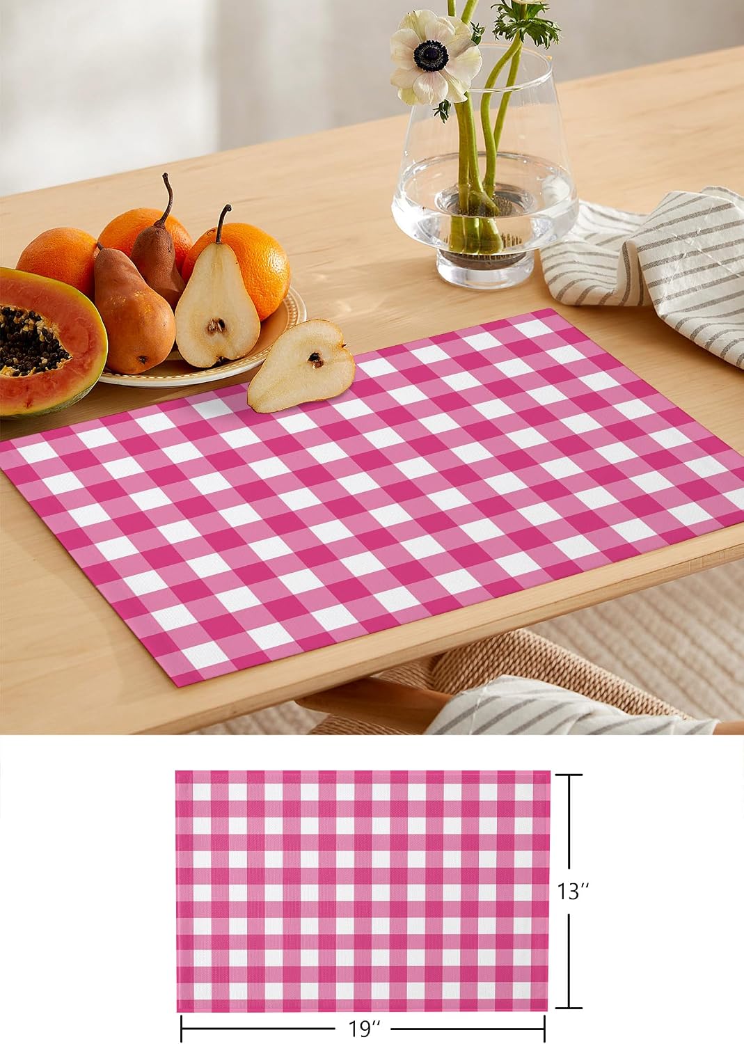 Peach Pink Checked Table Runner and Placemats for Dining Table,Burlap Coffee Table Runner 70 Inch Long Farmhouse Buffalo Plaid Country Grid Washable Table Mats for Kitchen Party Placemats Set of 6