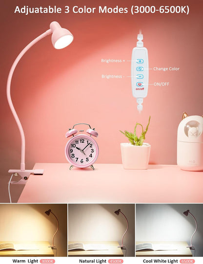 Pink Small Desk Lamp Clip on LED Reading Light for Bed
