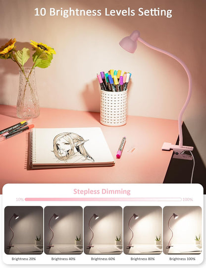Pink Small Desk Lamp Clip on LED Reading Light for Bed