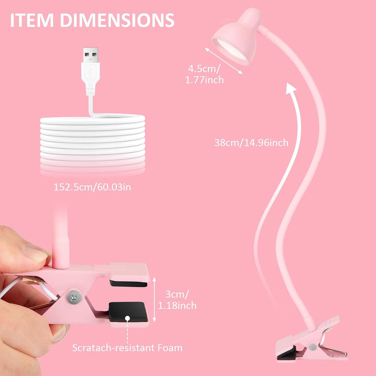 Pink Small Desk Lamp Clip on LED Reading Light for Bed
