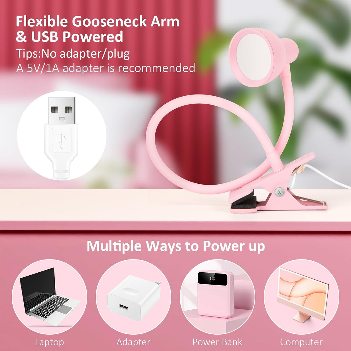 Pink Small Desk Lamp Clip on LED Reading Light for Bed