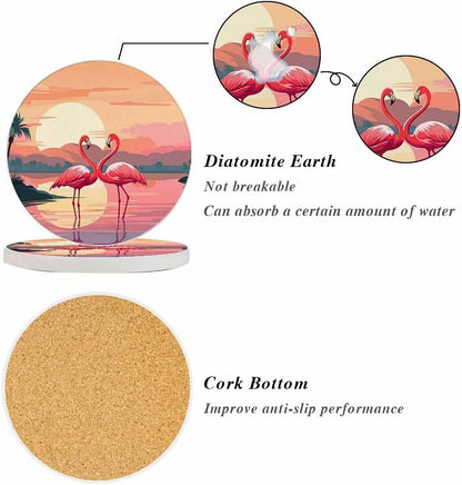 Pink Flamingos Coasters for Drinks Absorbent Ceramic Drink Coaster for Coffee Wooden Table Home Decor Set of 2