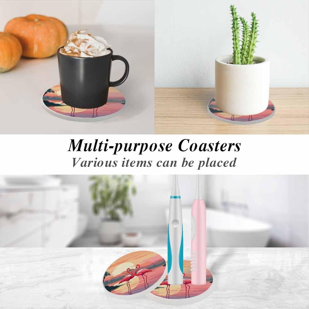 Pink Flamingos Coasters for Drinks Absorbent Ceramic Drink Coaster for Coffee Wooden Table Home Decor Set of 2