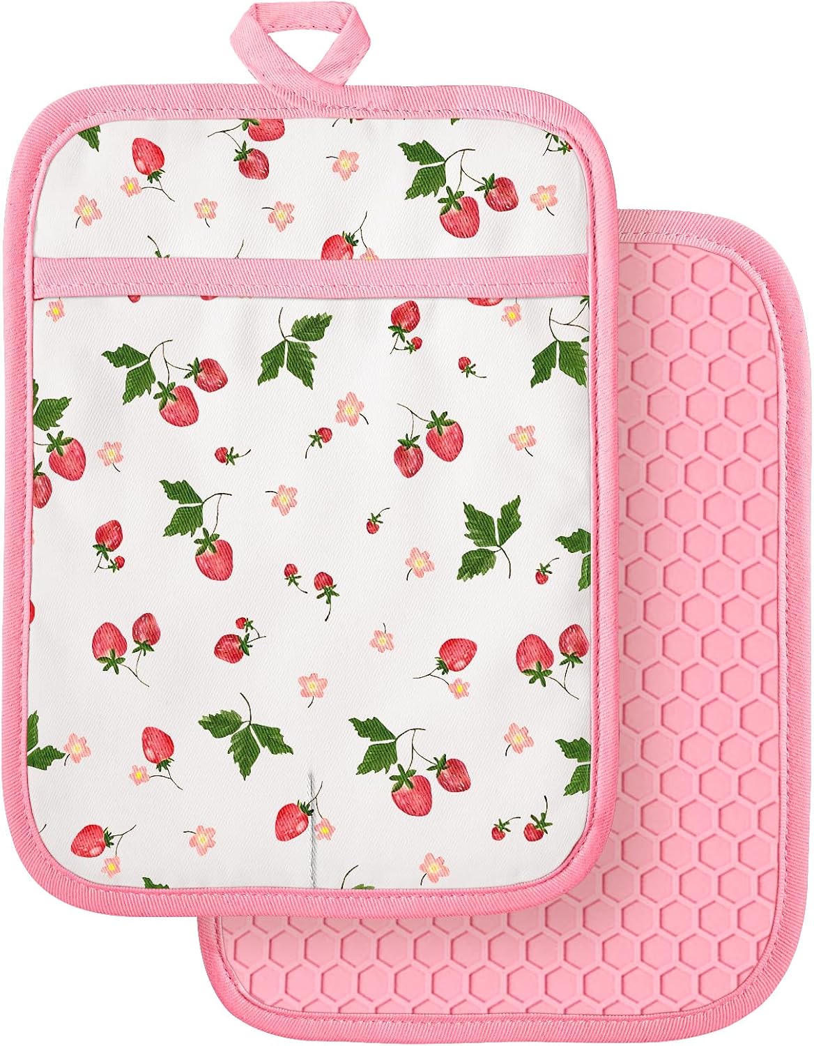 Silcone Strawberry Pot Holders for Kitchen - 100% Cotton Pink Cute Oven Potholders with Pockets, Heat Resistant Square Thick Hot Pads, House New Home Baking Baker Gifts,2pack