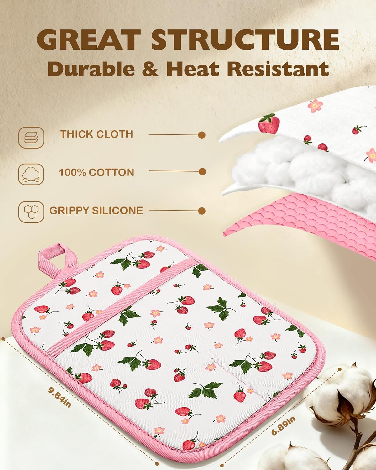 Silcone Strawberry Pot Holders for Kitchen - 100% Cotton Pink Cute Oven Potholders with Pockets, Heat Resistant Square Thick Hot Pads, House New Home Baking Baker Gifts,2pack